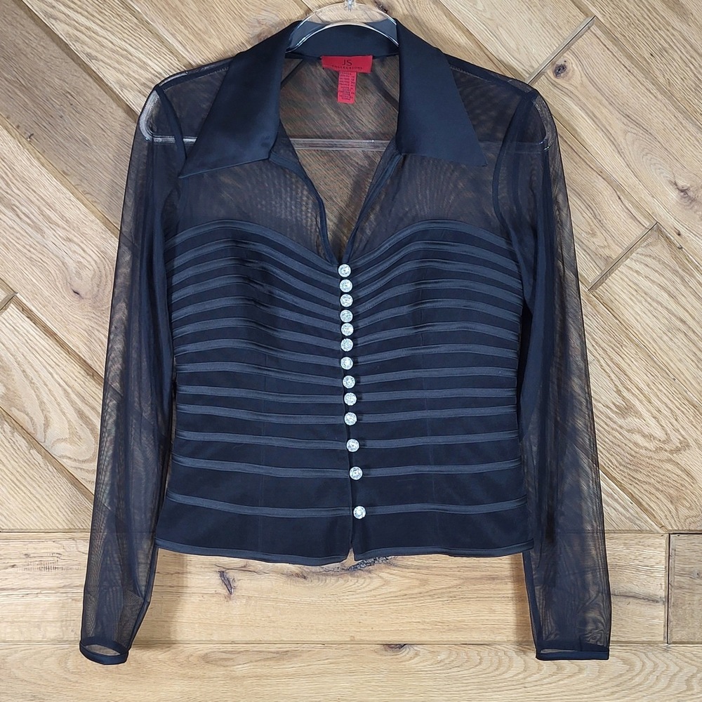 JS Collections Blouse Women 10 Sheer Mesh Crystal Button Ribbon Trim Black